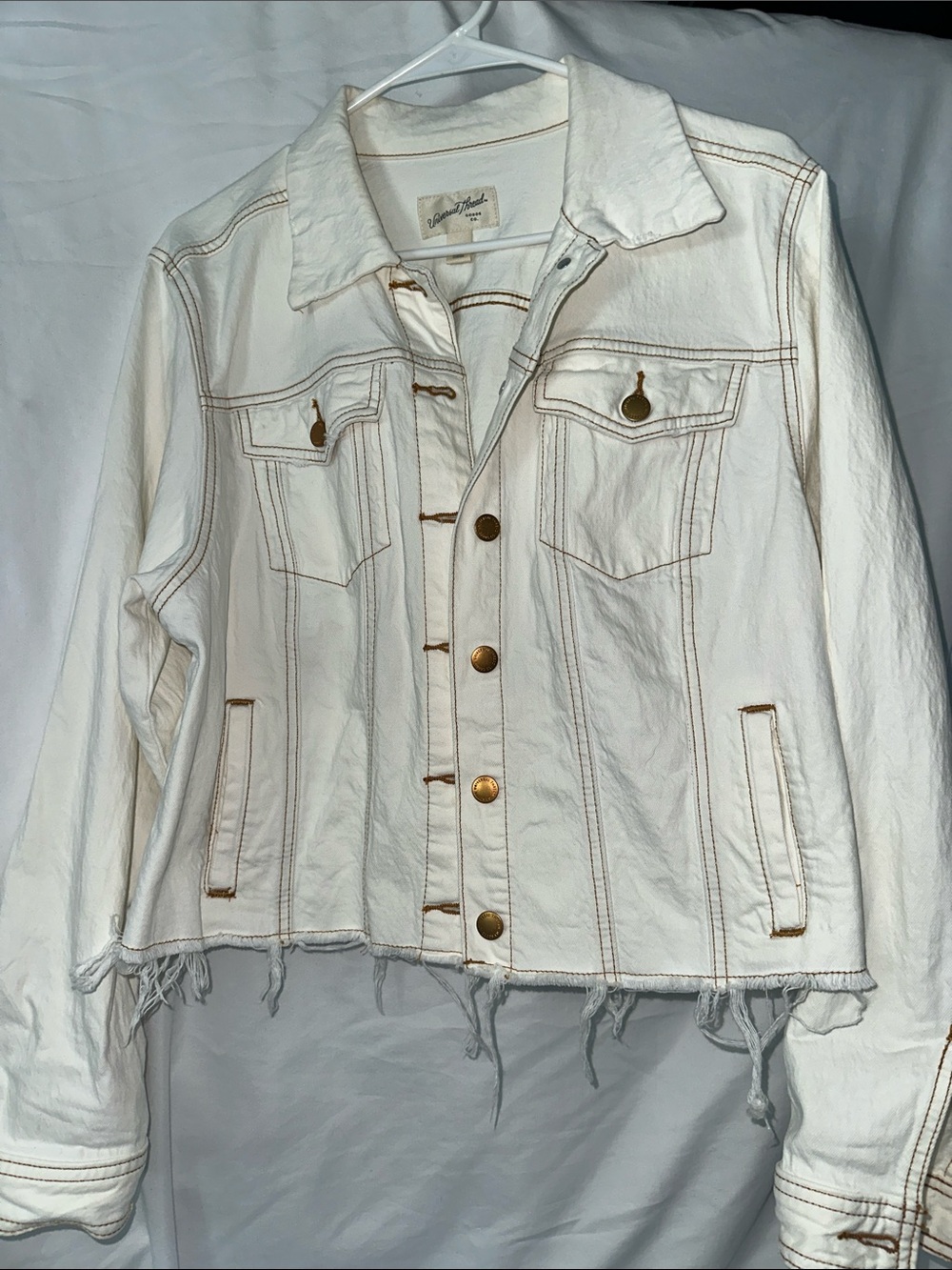 Universal Thread Cream Cropped Denim Jacket with Brown Topstitching